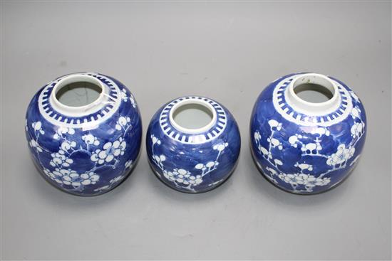 Three Chinese blue and white prunus jars, early 20th century, H. 9 -12.5cm